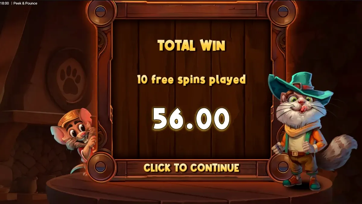 Tampilan visual slot Peek & Pounce dengan karakter kucing dan tikus yang lucu