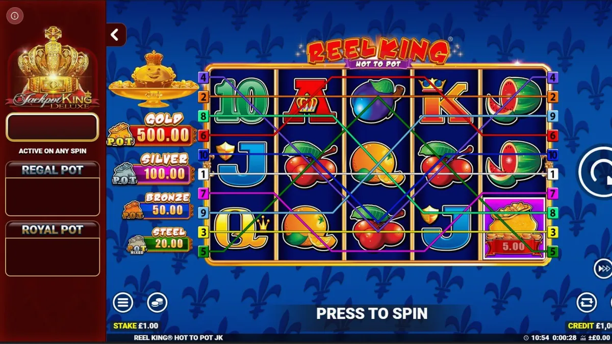 Tampilan visual mesin slot Reel King Hot to Pot dengan simbol buah dan mahkota emas.