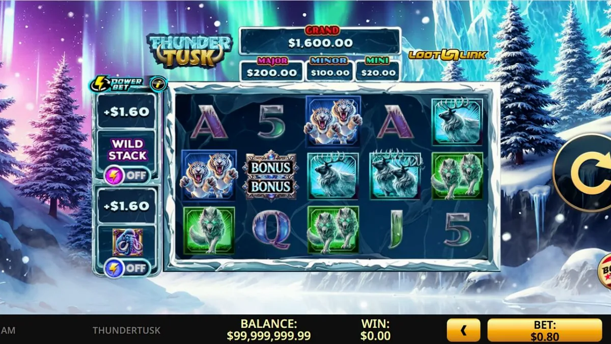 Pemandangan visual slot Thunder Tusk dengan tema gajah prasejarah dan latar belakang es.